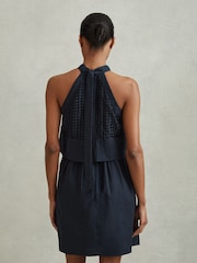 Reiss Navy Eden Broderie Halter Neck Mini Dress With Linen - Image 4 of 5