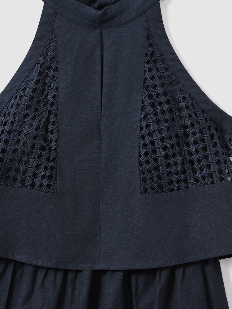 Reiss Navy Eden Broderie Halter Neck Mini Dress With Linen - Image 5 of 5