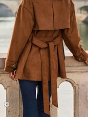 Sosandar Brown Faux Suede Mid Length Trench Coat - Image 3 of 5