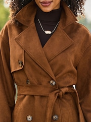 Sosandar Brown Faux Suede Mid Length Trench Coat - Image 4 of 5