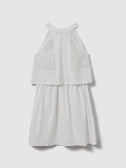 Reiss White Eden Broderie Halter Neck Mini Dress With Linen - Image 2 of 5