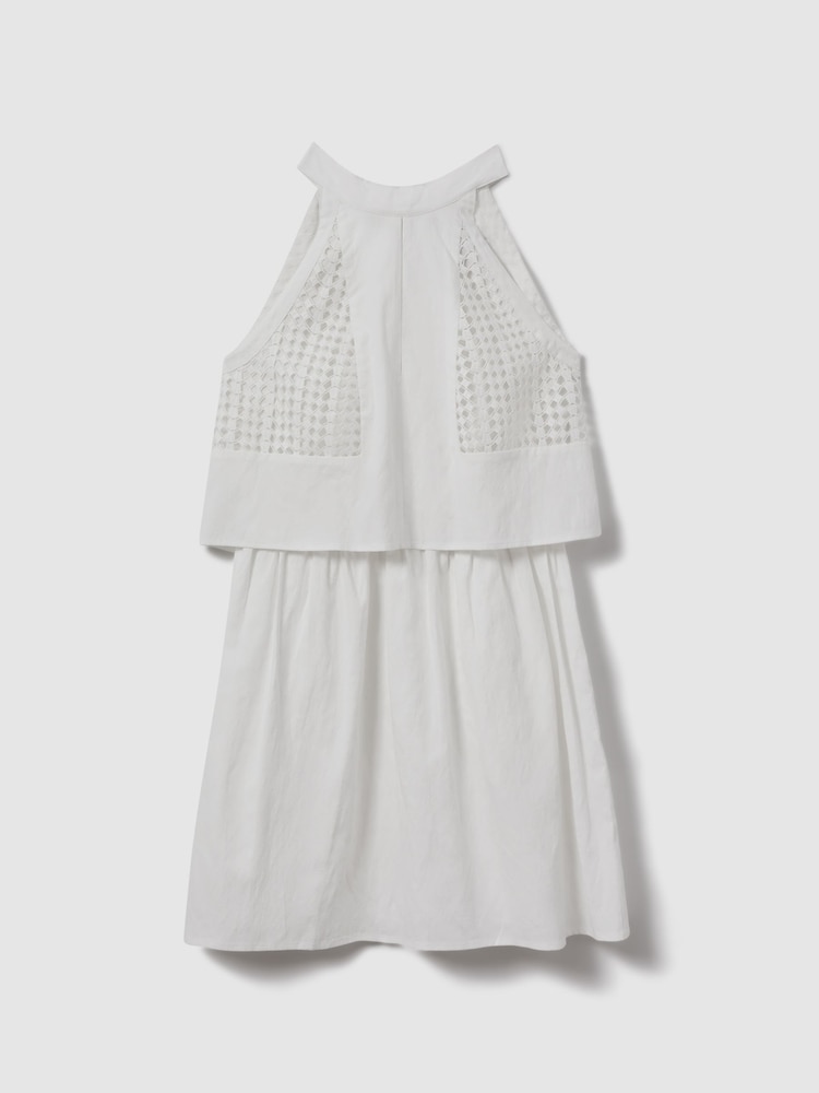 Reiss White Eden Broderie Halter Neck Mini Dress With Linen - Image 2 of 5