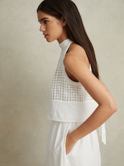 Reiss White Eden Broderie Halter Neck Mini Dress With Linen - Image 3 of 5