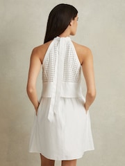 Reiss White Eden Broderie Halter Neck Mini Dress With Linen - Image 4 of 5