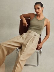 Reiss Light Khaki Leila Petite Linen Front Pleat Trousers - Image 8 of 8