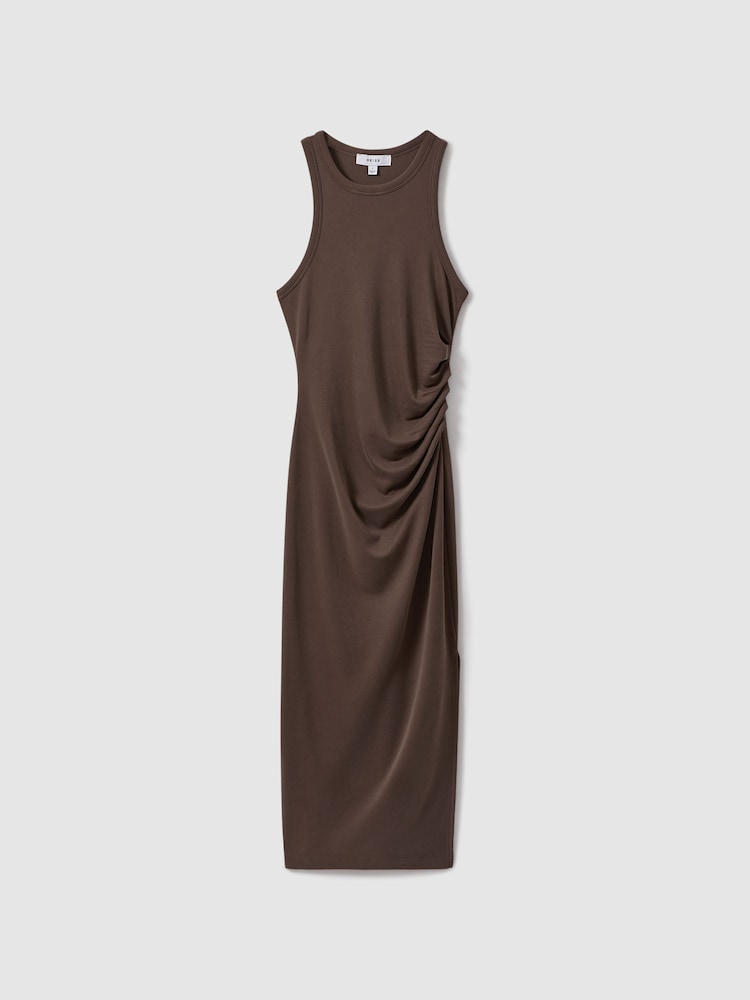 Reiss Mocha Lola Ruched Jersey Bodycon Midi Dress - Image 2 of 7