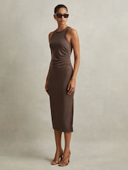 Reiss Mocha Lola Ruched Jersey Bodycon Midi Dress - Image 5 of 7