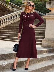 Sosandar Red Button & Chain Detail Fit & Flare Knitted Dress - Image 3 of 5