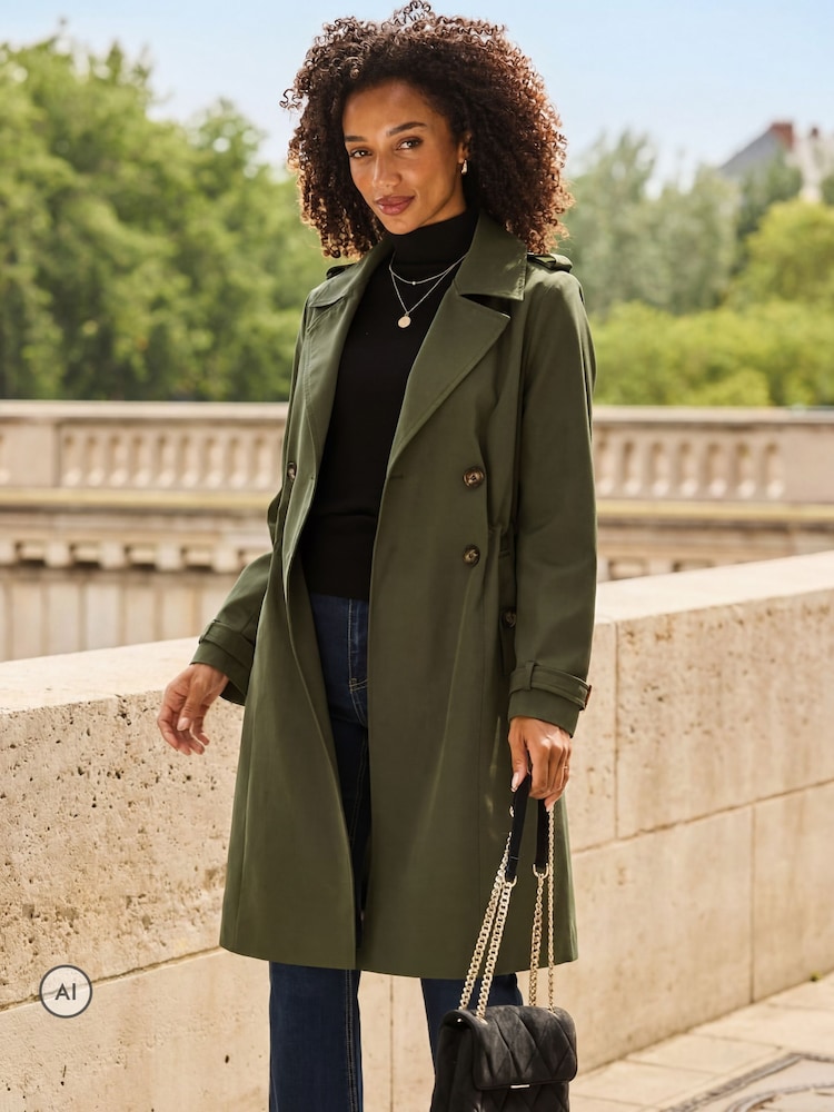 Sosandar Green Cinched Waist Trench Coat - Image 1 of 5 Sosandar Green Cinched Waist Trench Coat - Image 1 of 5