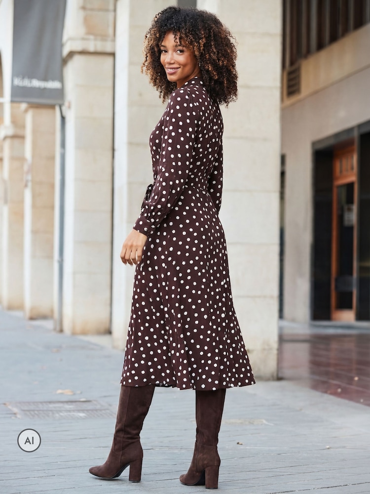 Sosandar Brown Polka Dot Print Twist Front Shirt Dress - Image 2 of 5 Sosandar Brown Polka Dot Print Twist Front Shirt Dress - Image 2 of 5