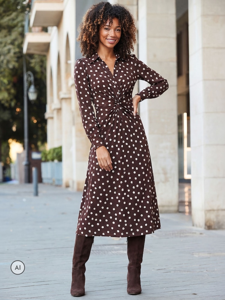 Sosandar Brown Polka Dot Print Twist Front Shirt Dress - Image 5 of 5 Sosandar Brown Polka Dot Print Twist Front Shirt Dress - Image 5 of 5