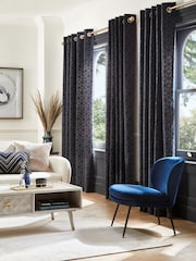 Navy Blue Flocked Velvet Geometric Eyelet Lined Curtains - Image 1 of 5