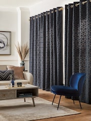 Navy Blue Flocked Velvet Geometric Eyelet Lined Curtains - Image 2 of 5