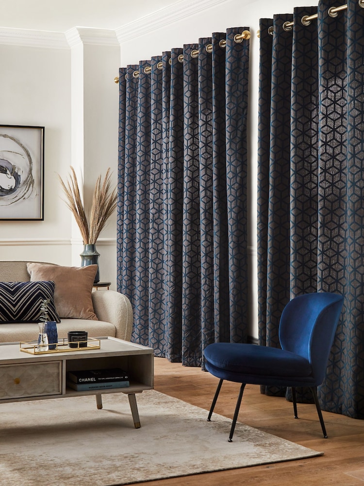 Navy Blue Flocked Velvet Geometric Eyelet Lined Curtains - Image 2 of 5