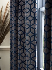 Navy Blue Flocked Velvet Geometric Eyelet Lined Curtains - Image 3 of 5