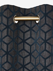 Navy Blue Flocked Velvet Geometric Eyelet Lined Curtains - Image 4 of 5