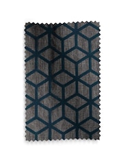 Navy Blue Flocked Velvet Geometric Eyelet Lined Curtains - Image 5 of 5