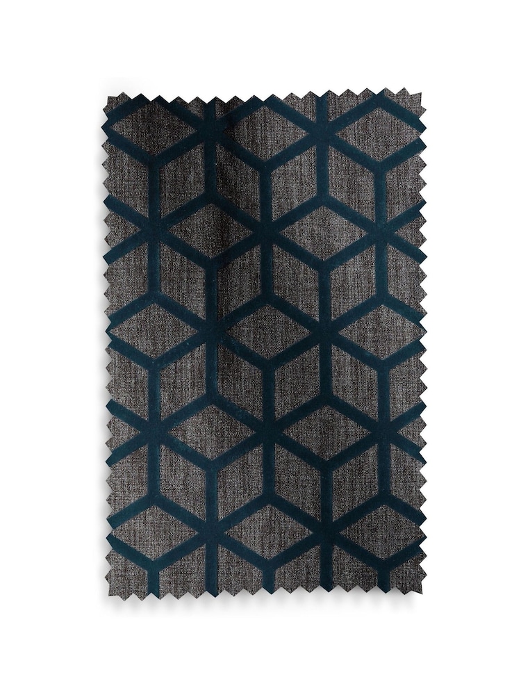 Navy Blue Flocked Velvet Geometric Eyelet Lined Curtains - Image 5 of 5
