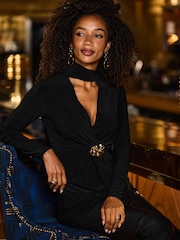 Sosandar Black Tie Neck Gold Detail Tunic Top - Image 4 of 5