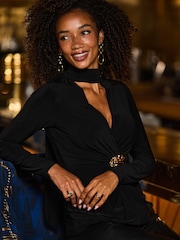Sosandar Black Tie Neck Gold Detail Tunic Top - Image 5 of 5