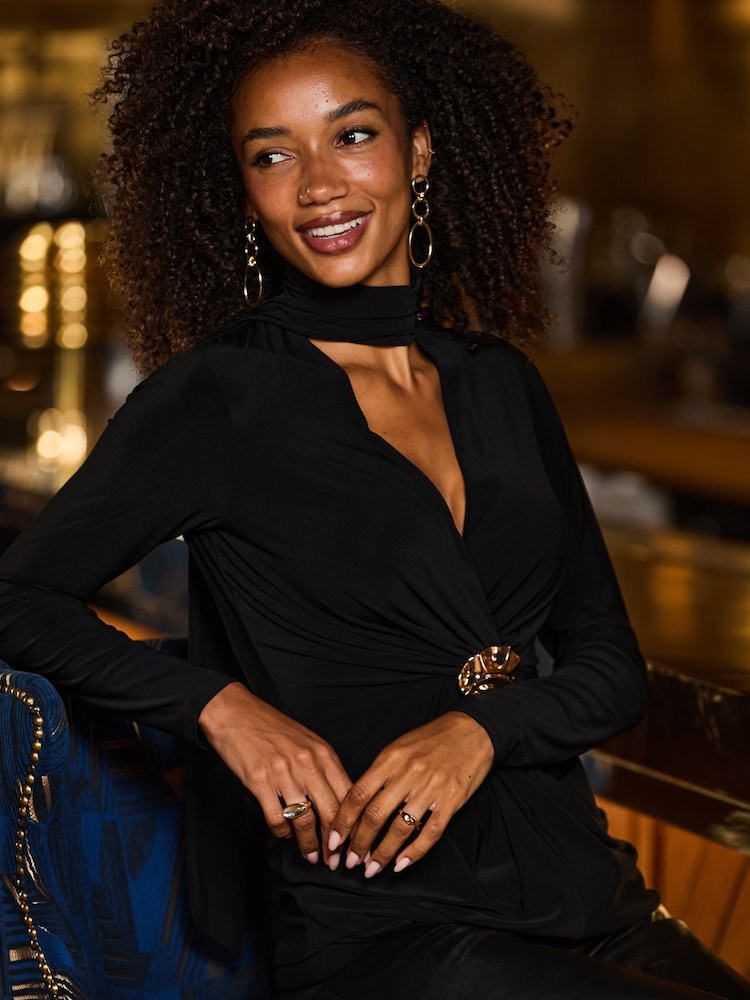Sosandar Black Tie Neck Gold Detail Tunic Top - Image 5 of 5 Sosandar Black Tie Neck Gold Detail Tunic Top - Image 5 of 5