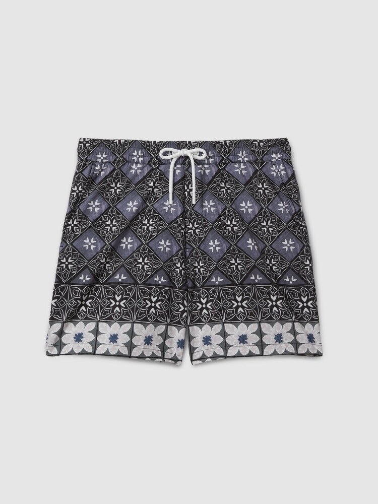 Reiss Black Multi Arizona Medallion Print Drawstring Swim Shorts - Image 2 of 6 Reiss Black Multi Arizona Medallion Print Drawstring Swim Shorts - Image 2 of 6