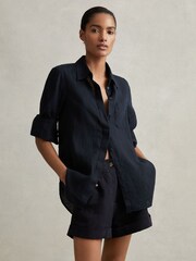 Reiss Indigo Belle 100% Linen Button-Through Shirt - Image 6 of 7