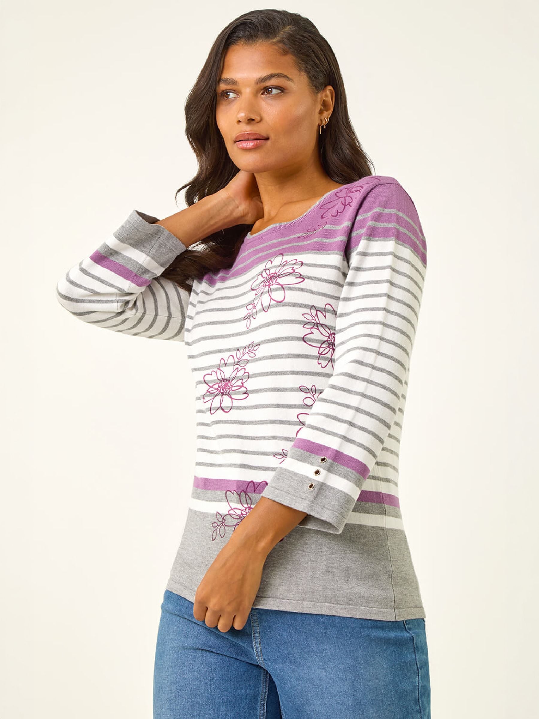 Roman Womens Floral Stripe Round Neck Viscose Blend Jumper, Cream, Size 16, Women - Image 3