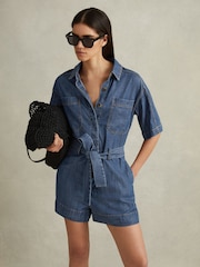 Reiss Indigo Seren Denim Belted Playsuit - Image 1 of 5