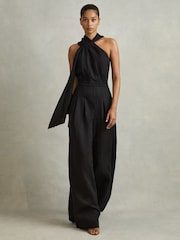 Reiss Black Selena Linen Blend Drape Jumpsuit - Image 1 of 6