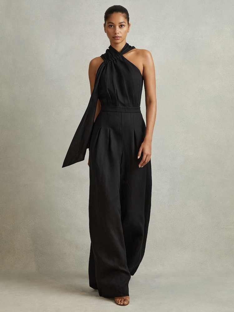 Reiss Black Selena Linen Blend Drape Jumpsuit - Image 1 of 6
