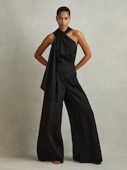 Reiss Black Selena Linen Blend Drape Jumpsuit - Image 4 of 6
