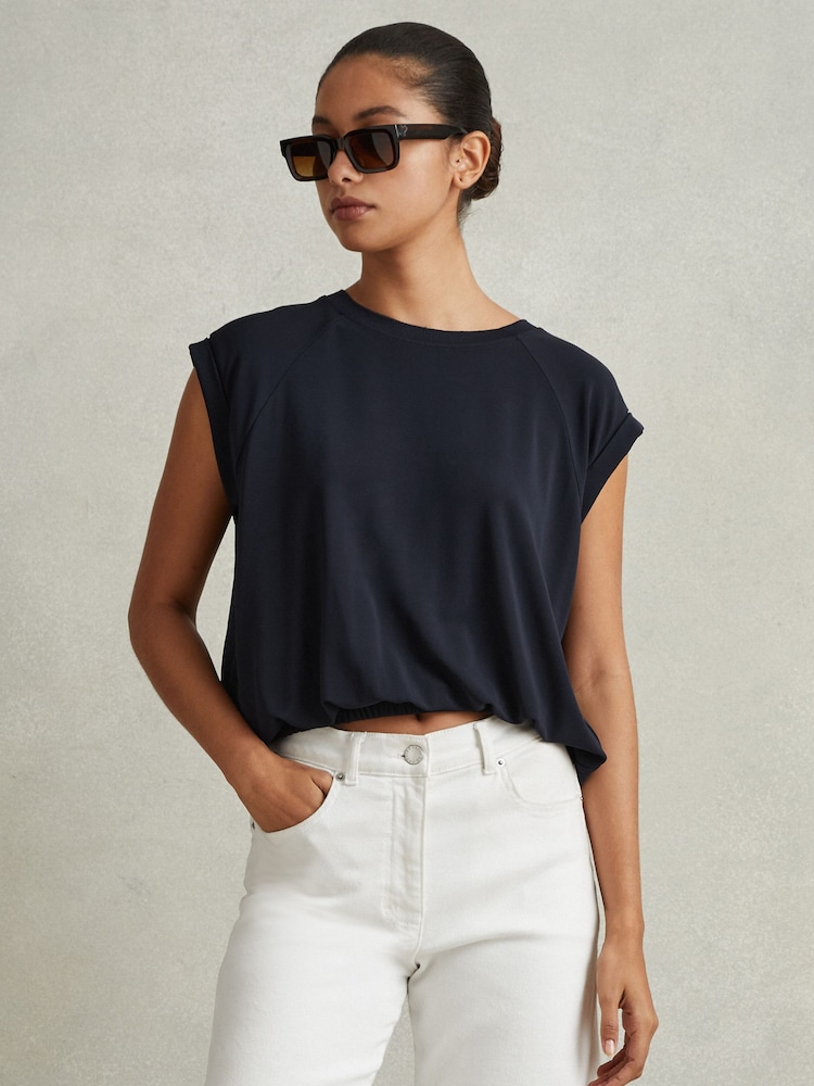 Reiss Navy Jessie Elasticated Hem Raglan Sleeve Top - Image 1 of 6 Reiss Navy Jessie Elasticated Hem Raglan Sleeve Top - Image 1 of 6