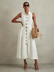 Reiss White Heidi Viscose-Linen Belted Midi Dress - Image 1 of 6