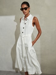 Reiss White Heidi Viscose-Linen Belted Midi Dress - Image 3 of 6