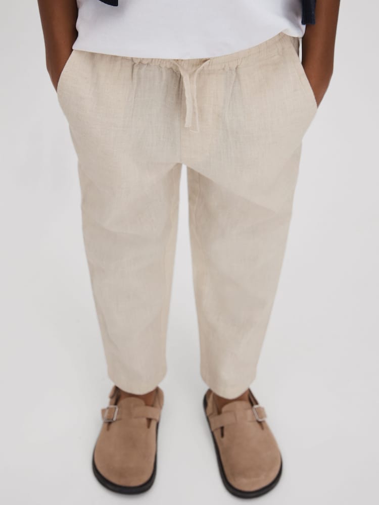 Reiss Stone Wilfred Senior Linen Drawstring Tapered Trousers - Image 1 of 4