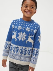 FatFace Blue Family Deer Crew Jumper - Image 1 of 4