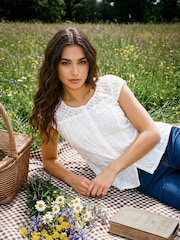 Roman White Lace Yoke Cap Sleeve Crinkle Blouse - Image 1 of 3