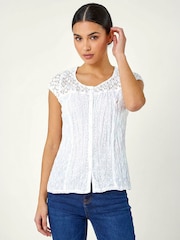 Roman White Lace Yoke Cap Sleeve Crinkle Blouse - Image 2 of 3
