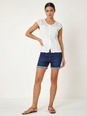Roman White Lace Yoke Cap Sleeve Crinkle Blouse - Image 3 of 3