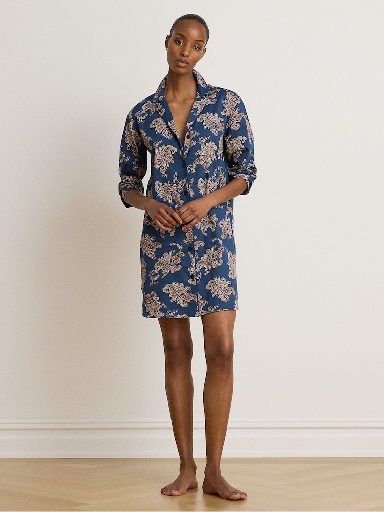 Lauren Ralph Lauren Blue Cotton Long Sleeve Nightshirt - Image 1 of 4