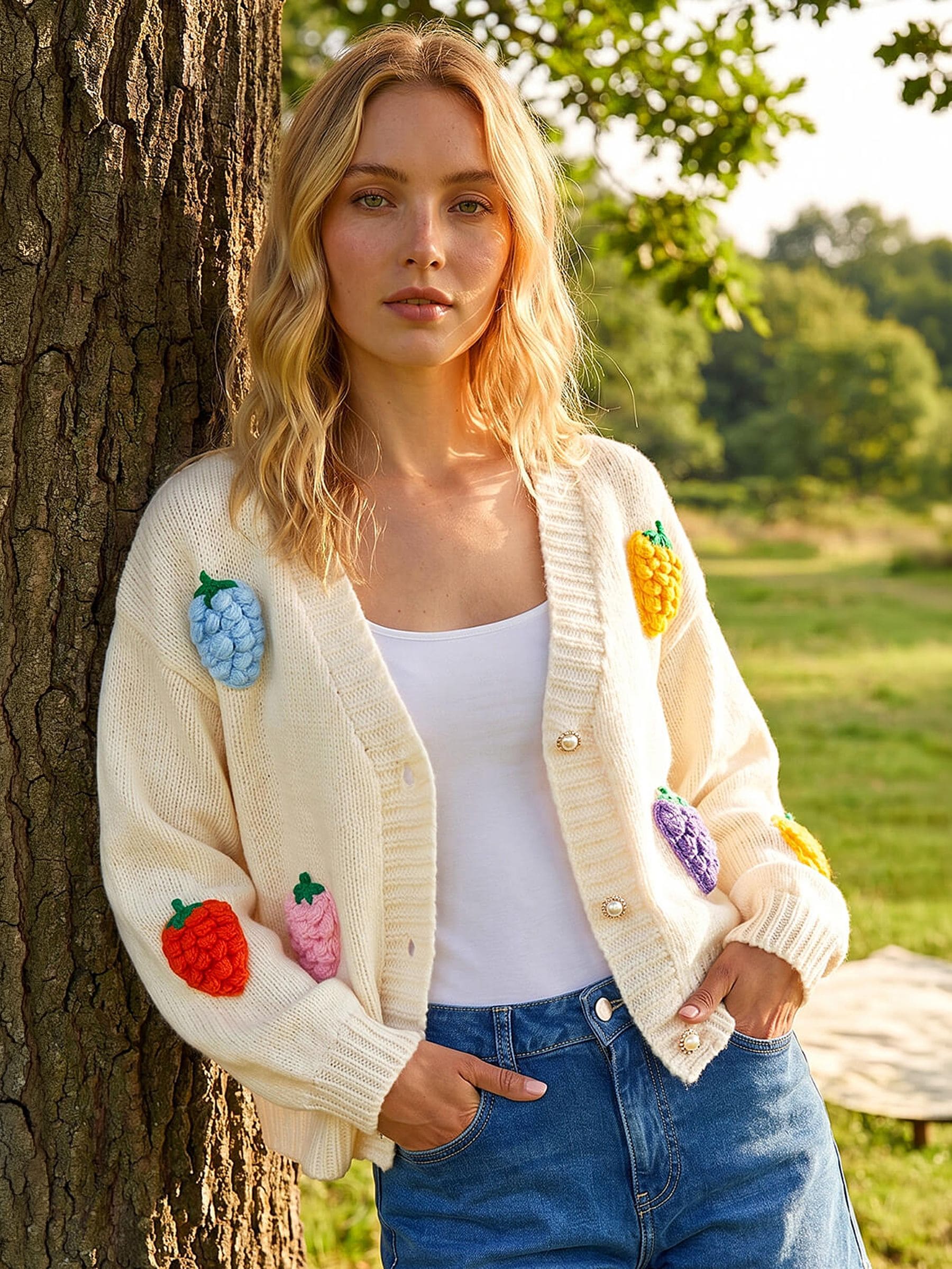 Roman Women's Ivory Fruit Embroidered Knit Cardigan Large - Image 3