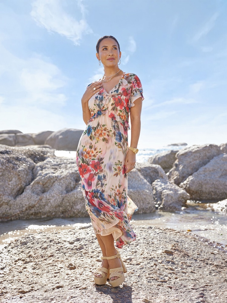 Myleene Klass Multi Printed Floral Frill Midi Dress - Image 1 of 5