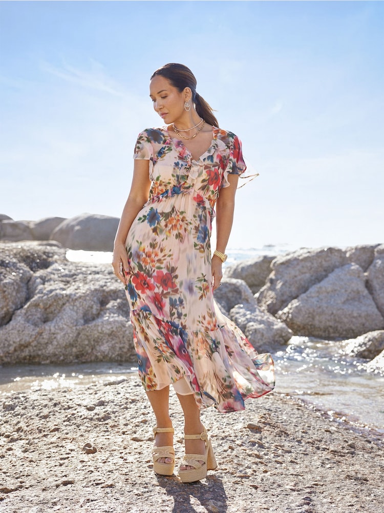 Myleene Klass Multi Printed Floral Frill Midi Dress - Image 2 of 5