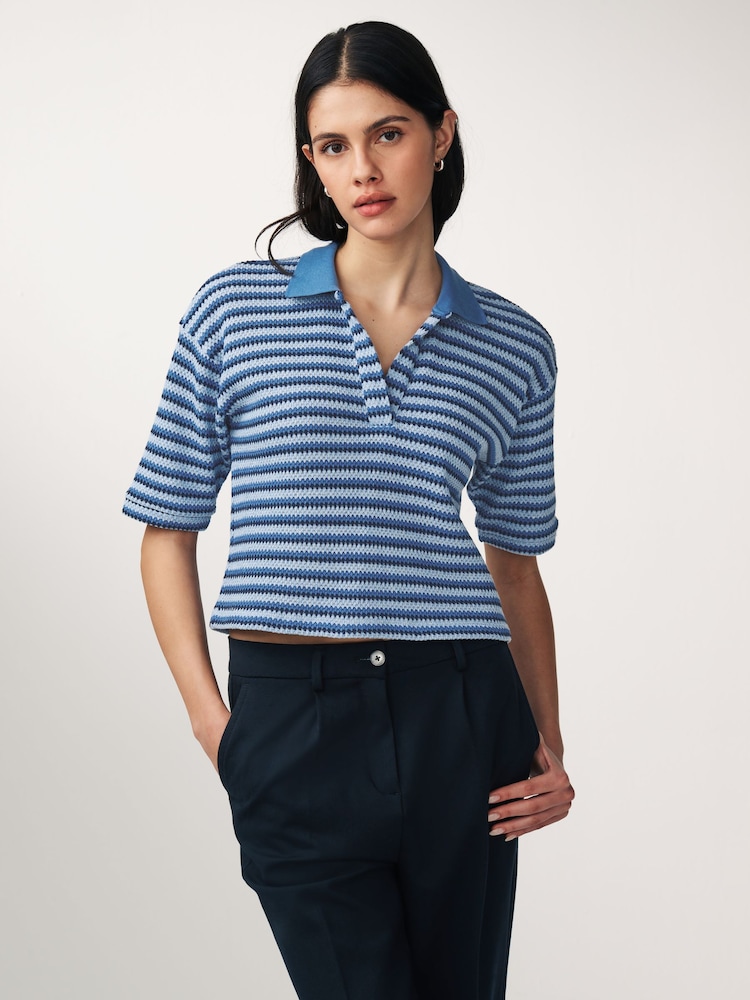 Blue Short Sleeve Crochet Polo Shirt - Image 1 of 6 Blue Short Sleeve Crochet Polo Shirt - Image 1 of 6