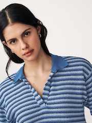 Blue Short Sleeve Crochet Polo Shirt - Image 4 of 6