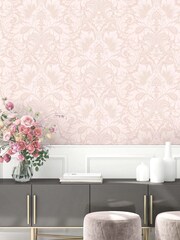 Woodchip & Magnolia Pink Fearless Damask Wallpaper - Image 1 of 3