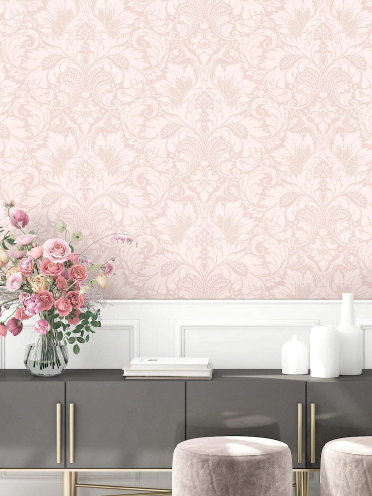 Woodchip & Magnolia Pink Fearless Damask Wallpaper - Image 1 of 3