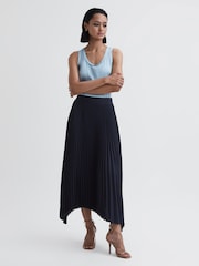 Reiss Navy Jodie Pleated Asymmetric Midi Skirt - Image 1 of 4
