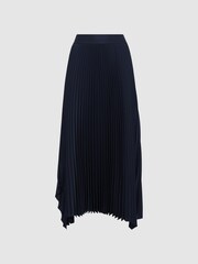 Reiss Navy Jodie Pleated Asymmetric Midi Skirt - Image 2 of 4